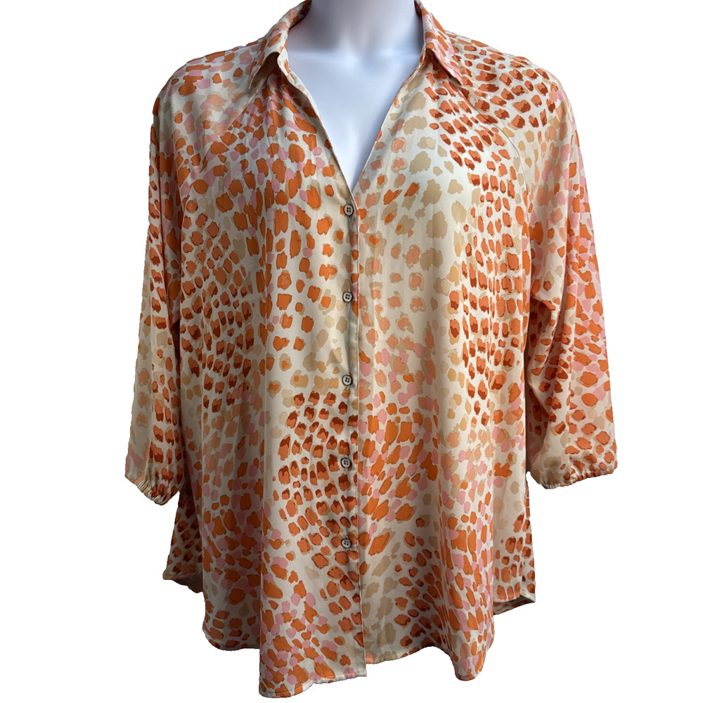 CABi Women's Large 3/4 Sleeve Button Front Semi Sheer Orange Pink Beige Blouse